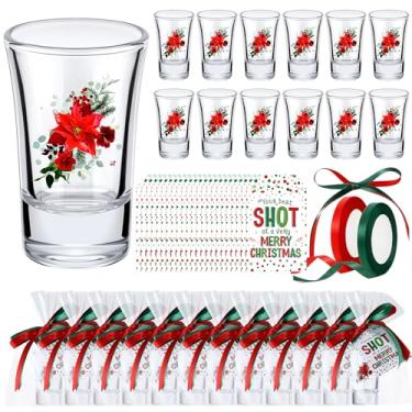 Imagem de Tiangrid 24 peças de copos de shot para lembrancinhas de festa de Natal de 42,5 g, copos de flores de Natal a granel com base pesada, copos pequenos com cartão de Natal e saco de presente e fita para