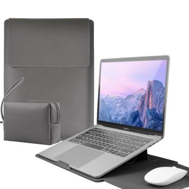 Imagem de Capa de couro vertical para laptop 13-13,3-14 polegadas compatível com MacBook Air M4 M3 M2 M1 HP Acer Dell Lenovo ASUS Notebook, capa de couro sintético com bolsa de acessórios (cinza, 13-14