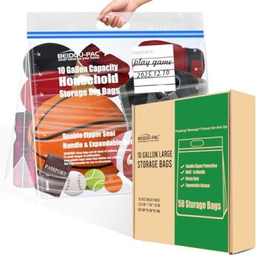 Imagem de BEIDOU-PAC Sacos de armazenamento grandes de 10 galões com alça, 50 unidades | Vedação de zíper duplo | Fundo expansível, sacos com zíper transparente resseláveis para casa, viagens, mudança comercial