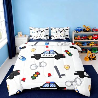Imagem de Manfei 7 peças de edredom infantil de carro de polícia, conjunto de cama de carro de polícia, decoração de quarto de meninos e adolescentes, lençol de cima, 2 fronhas, 2 fronhas