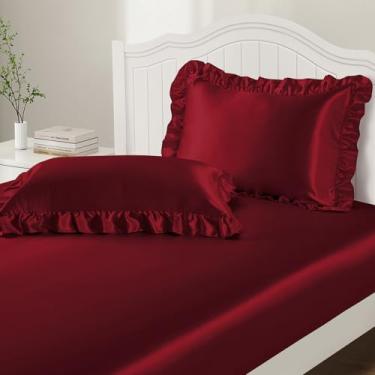 Imagem de P Pothuiny Conjunto de 3 peças de fronhas de cetim com babados e lençol King com elástico, luxuoso, bordô, cetim, sedoso, fofo, para decoração de quarto, sem rugas, bolso profundo de 38 cm