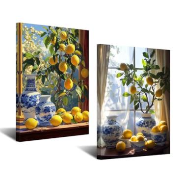 Imagem de CXHOSTENT Decoração de parede de limão para cozinha, 2 painéis, imagens de limoeiro, arte de parede, impressão amarela de frutas cítricas, pintura botânica, arte de fazenda para sala de jantar