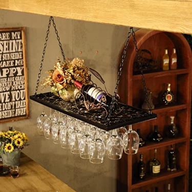 Imagem de Rack de teto para copos de vinho, rack de vinho suspenso com suporte de vidro e prateleira, suporte de garrafa de vinho para pendurar em altura ajustável, prateleira de teto de metal para bar café