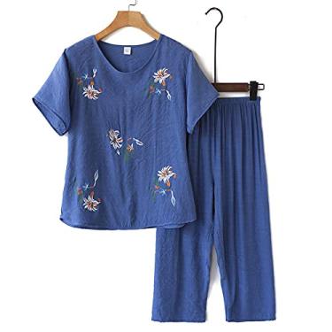 Imagem de ifgswopq Conjunto de pijama feminino novo floral camisa calça pijama terno senhora casual roupa de dormir tamanho grande (4X)