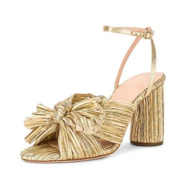 Imagem de Sandália MICIFA Gold Bow Chunky Heels 9 cm com alça de tornozelo