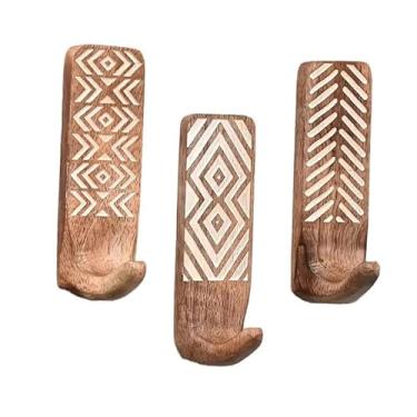 Imagem de WeiLaiKeQi 3x Ganchos de parede de madeira porta-chaves para banheiro, estilo boho, ganchos decorativos para casaco, suporte de parede para pendurar chapéu,