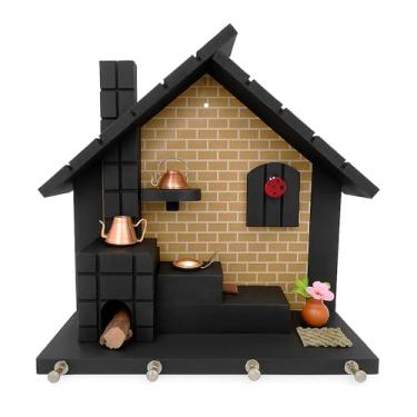 Imagem de Porta Chaves De Parede Artesanal Fornalha Marrom Em MDF Miniaturas De Cobre Decoração Cozinha E Casa