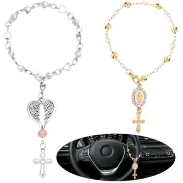Imagem de ZLFSRQ 2 peças rosário de carro para espelho retrovisor acessórios para pendurar presentes cristãos para mulheres homens cruz católica para volante rosário charme religioso mini pérola coração
