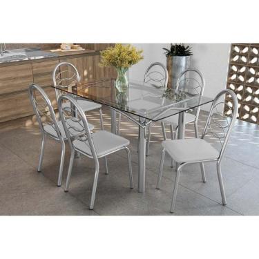 Imagem de Kit 6 Cadeiras Sala Jantar Elba C- Tampo De Vidro 150cm E 6 Cadeiras Holanda Cromada - Courano Branco - Kappesberg