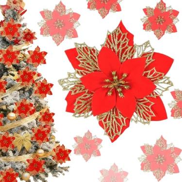 Imagem de WEIDOLLAR Poinsétia com glitter para árvore de Natal, 12 peças de flores artificiais de Natal com clipes, hastes, enfeites de árvore de Natal para decoração de guirlanda de festa, faça você mesmo