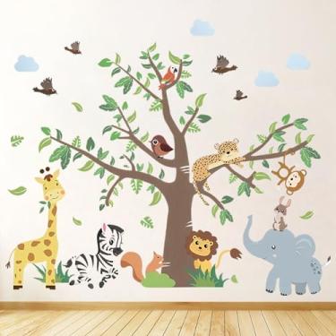 Imagem de 2 folhas adesivos de parede gigantes animais da selva árvore 90 cm x 30 cm elefante girafa leão safári adesivos adesivos de parede adesivos adesivos de parede película película silhueta bebê berçário