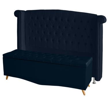 Imagem de Kit Cabeceira De Cama Box E Calçadeira Baú Luxo Queen 160 Cm Suede Azul Marinho Eli Móveis