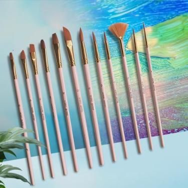 Imagem de Pincéis artísticos para aquarela, 12 pincéis econômicos, 12 pincéis de diferentes tamanhos para aquarela, acrílico, tinta, guache, óleo, têmpera (rosa)