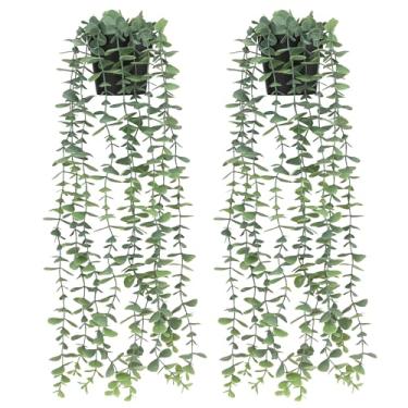Imagem de Gresorth Pacote com 2 unidades, decoração artificial de eucalipto, vasos de plantas falsas, drapeado, vegetação, hera, videira, bonsai, enfeite para casa, prateleira, quarto, 40 cm
