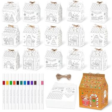 Imagem de 32 peças de casas de colorir de papel de gengibre de Natal, kit de casa de artesanato DIY, 7,87 x 5,9 na cor, suas próprias casas de papelão de Natal, personalize com 12 marcadores e corda, 8 estilos