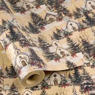 Imagem de RUSPEPA Kraft Rolo de papel de embrulho de igreja de Natal, mini rolo, vila de inverno vintage com igrejas e árvores nevadas, embrulho de presente de Natal para família, adultos, celebração religiosa