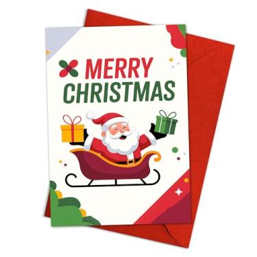 Imagem de Podagree Cartão de felicitações de Feliz Natal com Papai Noel em trenó segurando presentes, lindo cartão de férias para crianças, amigos e família, envelope vermelho festivo incluído – 20 x 13 cm com