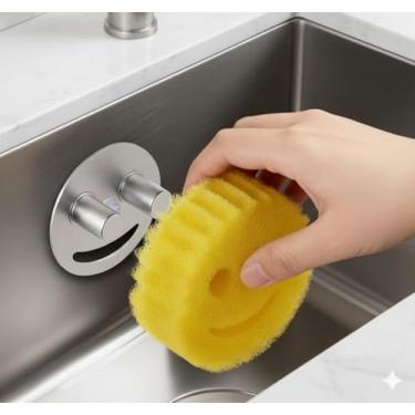 Imagem de MAISEEN Suporte de esponja de limpeza facial sorridente de alumínio anodizado à prova de ferrugem, organizador de organizador de pia de cozinha para mamãe e papai, prateado (pacote com 1)