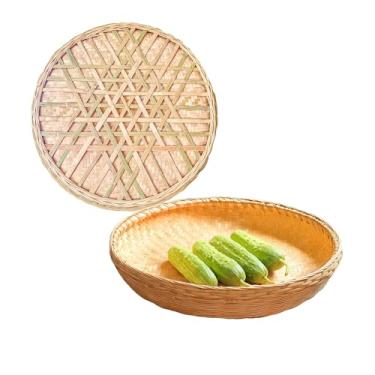 Imagem de Bandeja de bambu, bandejas de talheres de alimentos, cesta de frutas e vegetais de bambu e vime com fundo plano, para mesa, cozinha, reunião ao ar livre e serviço de sala de jantar ou decoração