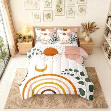 Imagem de Erosebridal Conjunto de edredom boêmio abstrato de meados do século King com lençóis, sol e lua, laranja, estética, 7 peças, moderno, minimalista, geométrico, simples, conjunto de cama