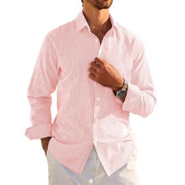 Imagem de Camisa masculina Deer Lady de manga comprida listrada de algodão rosa 