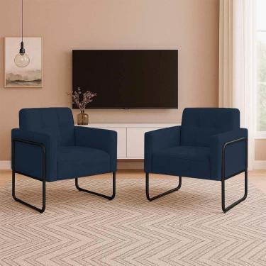 Imagem de Poltrona Sala Industrial Alta Tubo Preto Kit 2 Elisa Suede D03 - D`rossi Cor Azul Marinho