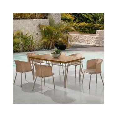 Imagem de Mesa de Jantar Retangular Aço Nobre Roma com Tampo Ripado e 6 Cadeiras Estofadas Revestidas em Junco Sintético - Champanhe