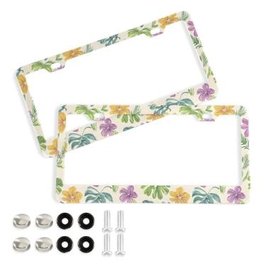Imagem de SEHANY Molduras de placa de licença de flores florais coloridas, capas de moldura de placa de carro de alumínio à prova de ferrugem com orifícios elípticos e parafusos serve para veículos padrão dos