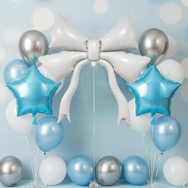 Imagem de Decorações de chá de bebê para meninos – Conjunto de balões azuis e prateados de 18 peças com grande arco marfim e balões de folha de estrela – Perfeito para revelação de gênero, festa de aniversário