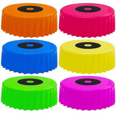 Imagem de Oudain 6 peças de toalha de mesa redonda de CD de 203 cm, disco de música, toalha de mesa redonda, moderna, clássica, de plástico, colorida, à prova d'água, para jantar, cozinha, piquenique, DJ, festa