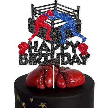 Imagem de Topper de bolo de boxe feliz aniversário luva de boxe com glitter, decorações de bolo para boxer, academia, chá de bebê, artigos de festa de aniversário