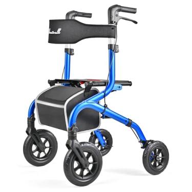 Imagem de PLANET WALK Andador de rolo dobrável: rodas todo-o-terreno de 25,4 cm e 20,3 cm, capacidade de 136 kg, pneus de borracha pisada, assento e encosto respiráveis, auxílio de mobilidade leve para idosos