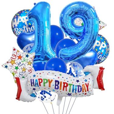Imagem de Conjunto de decoração de aniversário de 19 anos, balão de coração azul de 19 anos, balão colorido de feliz aniversário de 19 anos para meninas, meninos, crianças, adultos, decoração de aniversário de