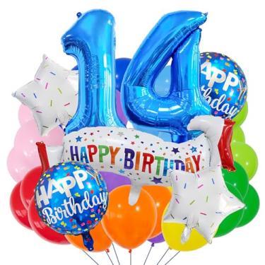 Imagem de Conjunto de decoração de aniversário de 14 anos, conjunto de decoração de aniversário de 14 anos azul colorido feliz 14º aniversário balão para meninas, meninos, crianças, adultos, decoração de festa