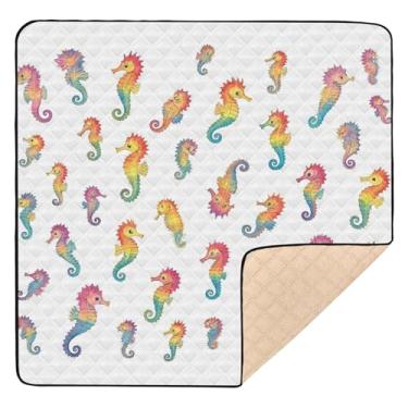 Imagem de Qilmy Tapete para bebês Rainbow Seahorses 127 cm x 127 cm, macio à prova d'água, tapete para bebês e crianças, antiderrapante, lavável, cercadinho