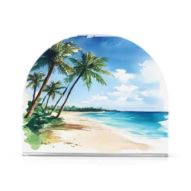 Imagem de JUZIHAI Suporte de guardanapo de palmeiras de praia para mesa dispensador de guardanapo de acrílico para mesa suporte de lenços independente para cozinha sala de jantar bar festa decoração de casa