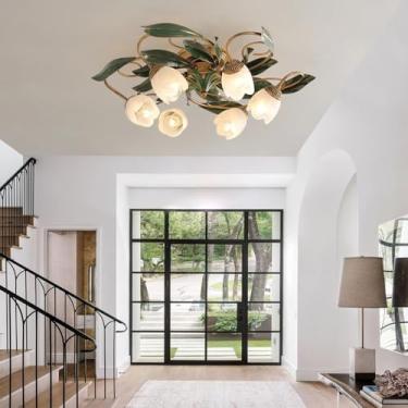 Imagem de Luminária de teto retrô em metal, estilo antigo, com formato de flor e trepadeira em ferro. Luminária vintage criativa em estilo campestre rural com cúpula de vidro em formato de flor, ideal