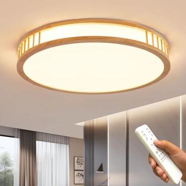 Imagem de Luminária de teto LED com acabamento em madeira, dimerizável, redonda e plana, estilo nórdico, ideal para sala de estar, quarto, cozinha, restaurante, corredor, iluminação interna de 40 cm.