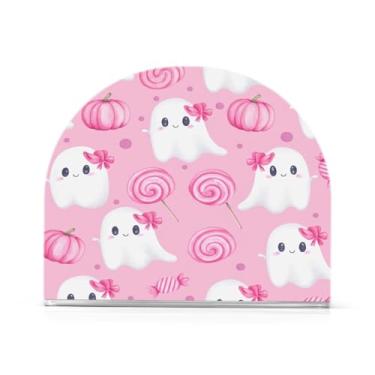 Imagem de Qilmy Porta-guardanapos de acrílico Halloween Pink Ghosts, suporte de lenços de mesa independente, dispensador de papel de coquetel para cozinha, jantar, restaurante, bar, decoração, 1 pacote