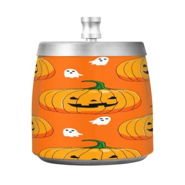Imagem de Qilmy Cinzeiro de aço inoxidável Happy Halloween com tampa - Cinzeiro de cigarro à prova de vento sem cheiro sem fumaça para casa, escritório, carro, pátio, varanda (uso interno e externo)