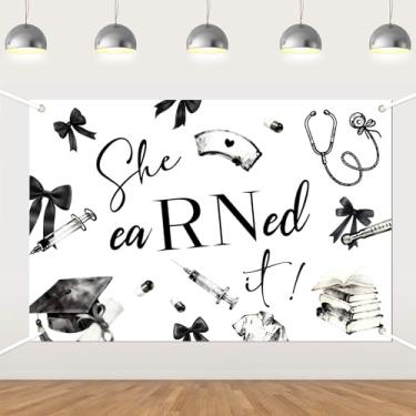 Imagem de Fundo de formatura de enfermeira, laço preto She Earned It, foto de vinil Class of 2026 RN Congrats Party Decor Enfermagem School Survivor Grad Decorações