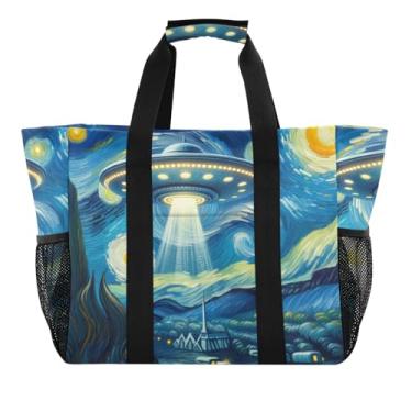 Imagem de ODAWA Bolsas de praia masculinas para férias estéticas - Bolsa de praia noturna estrelada à prova d'água durável e impermeável, Ufo Starry Night, One Size