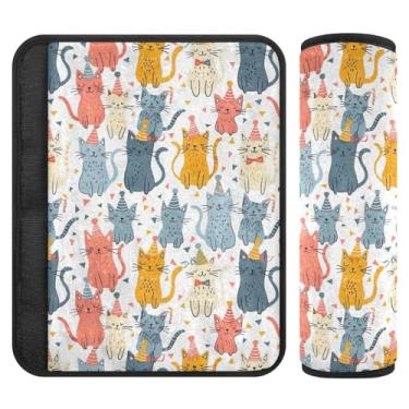 Imagem de ODAWA Capa de cinto de segurança de carro Cute Party Cats, pacote com 2 protetores de alça de ombro para liberar o estresse no pescoço e ombro para dirigir com segurança 25,4 x 19,6 cm