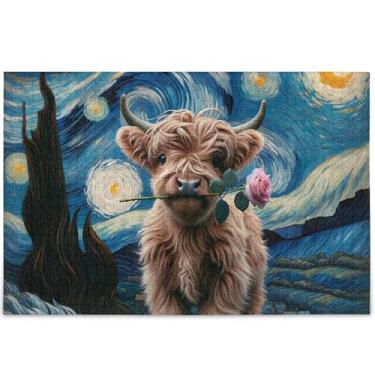 Imagem de Quebra-cabeça personalizado de vaca Highland Noite estrelada para adultos 1000 peças arte colorida animal quebra-cabeças interessantes presentes de tecnologia de jogo engraçados, 75 x 50 cm