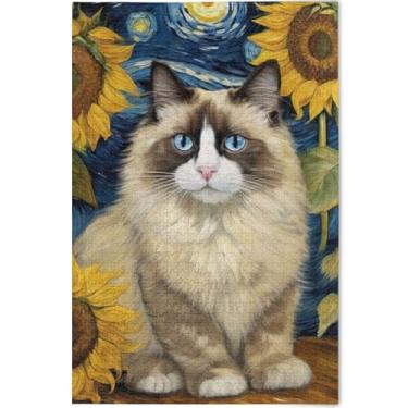 Imagem de Quebra-cabeça de gato Ragdoll fofo com girassol estrelado 500 peças para adultos presentes para jogo de elefante branco arte principal jogo de brinquedo de arte, 52 cm x 37,8 cm