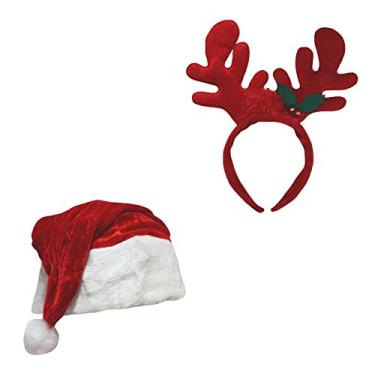 Imagem de Petitebella Conjunto de roupas de tiara de rena vermelha chapéu quente de Papai Noel fantasia de Natal (tamanho único)