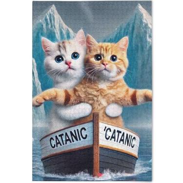 Imagem de Quebra-cabeças com estampa de gatos Titanic Kitten para adultos 1000 peças paisagem arte animal legal quebra-cabeças exclusivos presentes personalizados para jogo de elefante branco, 75 x 50 cm