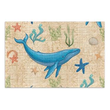 Imagem de Quebra-cabeças vintage Sea Blue Whales Lives 500 peças para adultos divertido natureza boba quebra-cabeça família brinquedo artístico, 50 x 35 centímetros