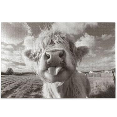 Imagem de Quebra-cabeça engraçado vaca Highland preto branco 500 peças para adultos quebra-cabeça divertido divertido família personalizado pintura de belas artes, 52 cm x 37,8 cm