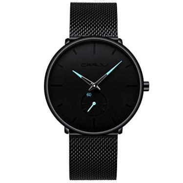 Imagem de Relógio masculino minimalista, preto, casual, moderno, analógico, quartzo, pulseira de aço em malha, vermelho/azul/rosa, Preto, azul